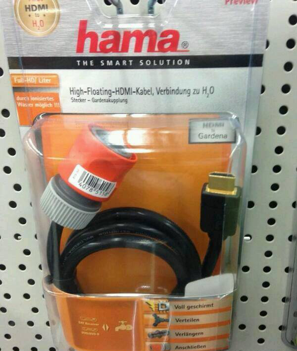 cable with an HDMI connector on one end, and a water hose connector on the other